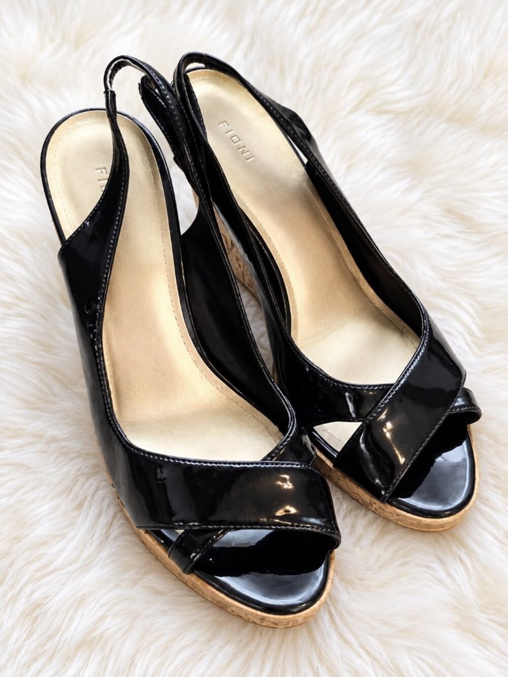 *fioni black patent cork heel slingback sandals size 8**